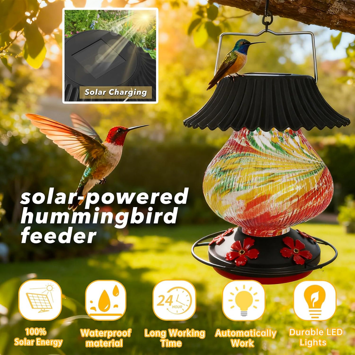 solar hummingbird feeder, hand blown glass multicolor night shown in use