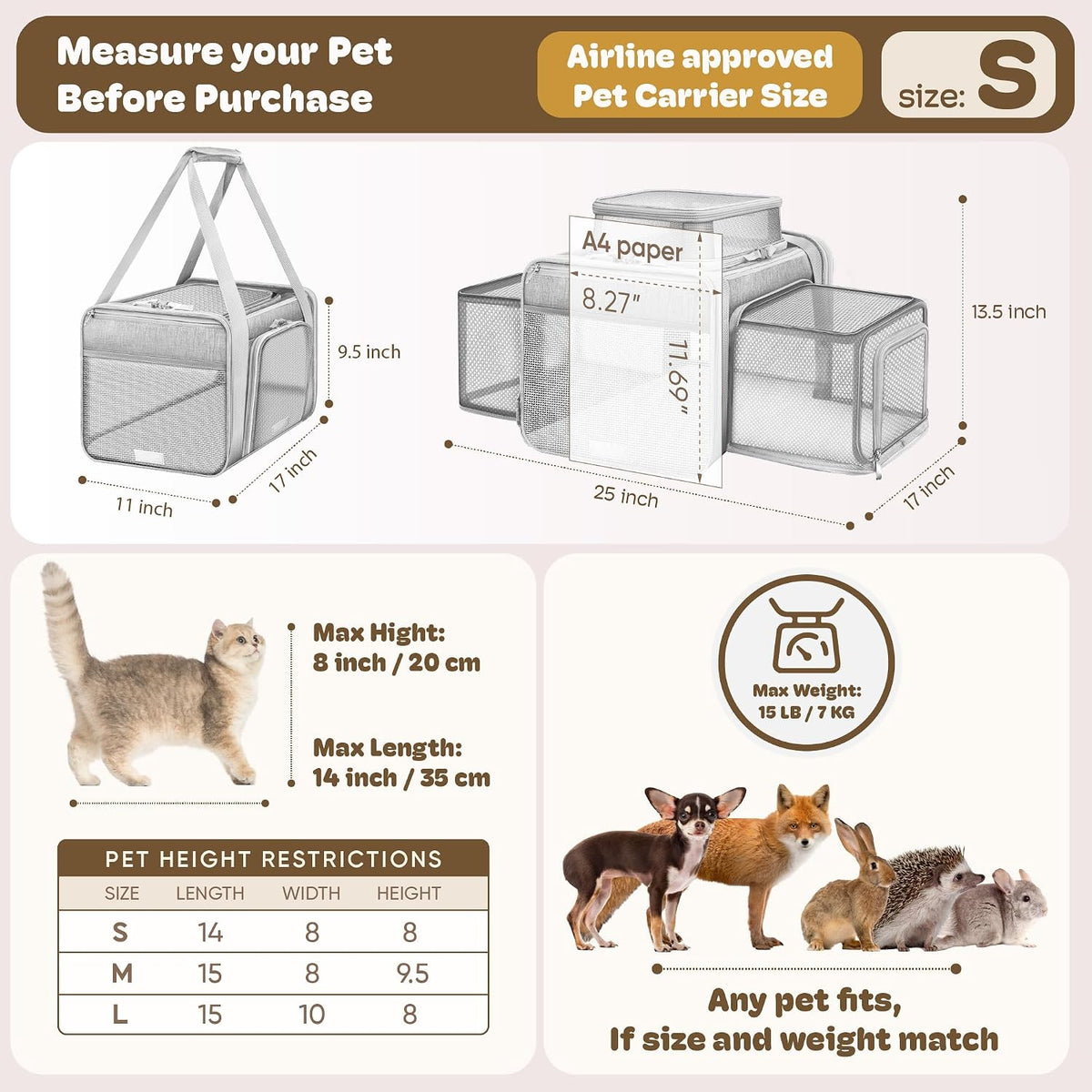 top and 2 sides expandable pet carrier 17x11x9.5, side view