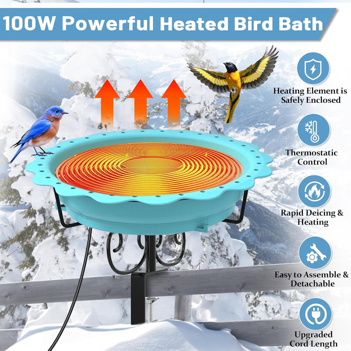 100w heated bird baths for outdoors, heated birdbath shown in use