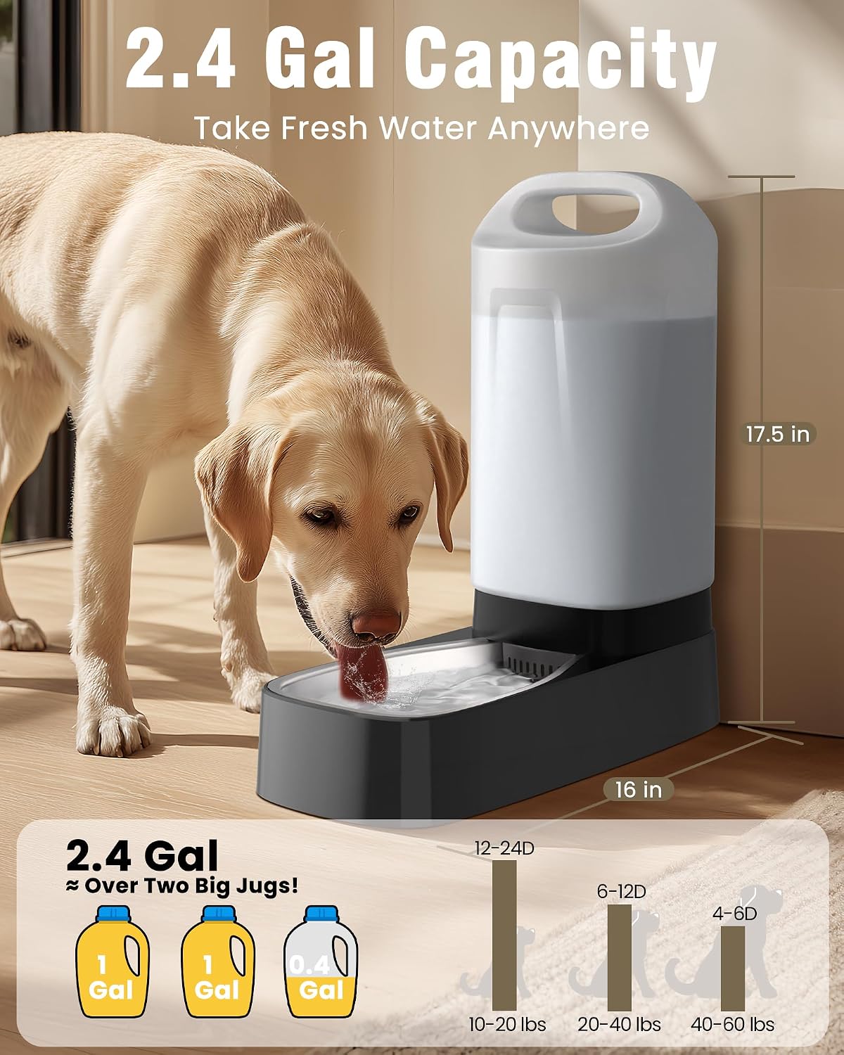 petnf 2.4 gallon automatic dog water bowl dispenser showing dimensions