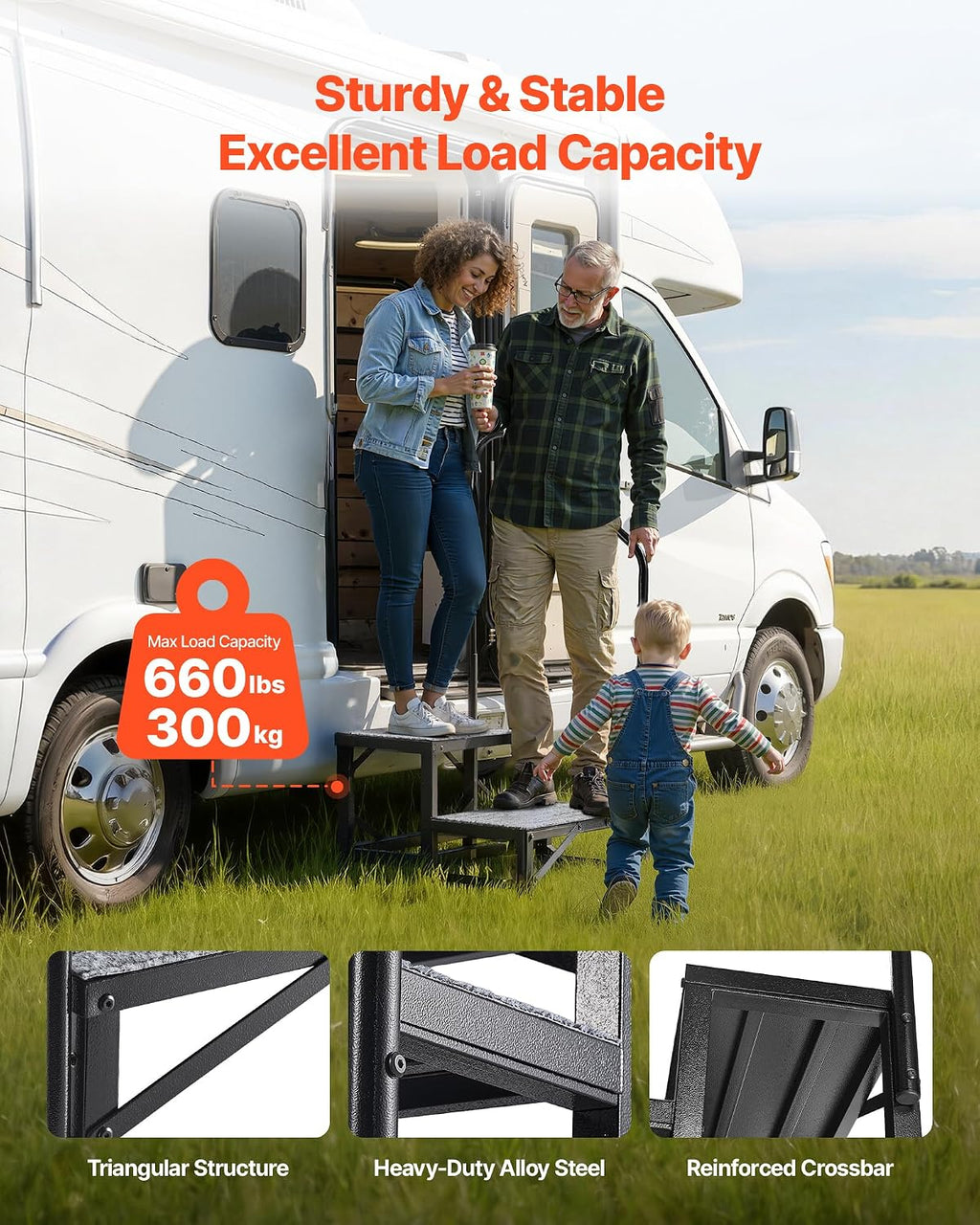 vevor rv steps with handrail, 2 steps, 660 shown in use
