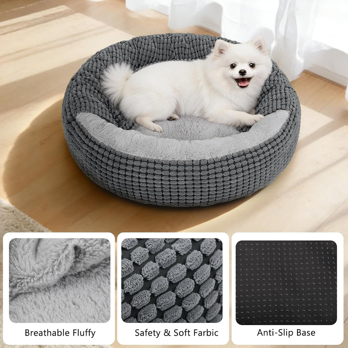 dog bed with attached blanket for small dogs, close-up detail