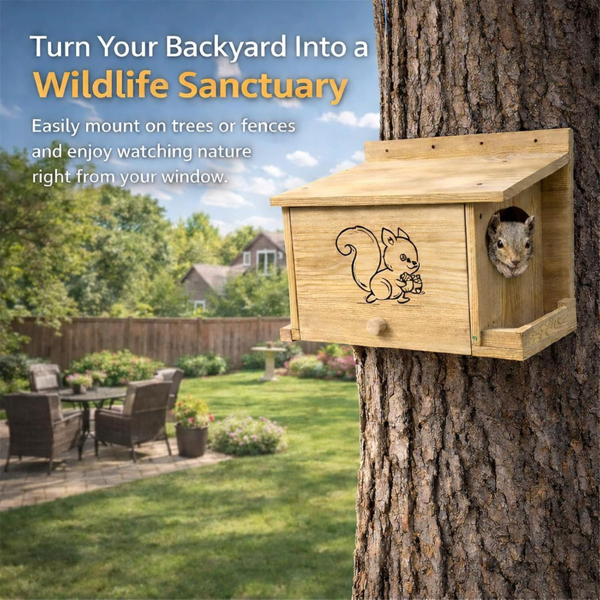 wooden squirrel house feeder with engraved design, outdoor showing dimensions