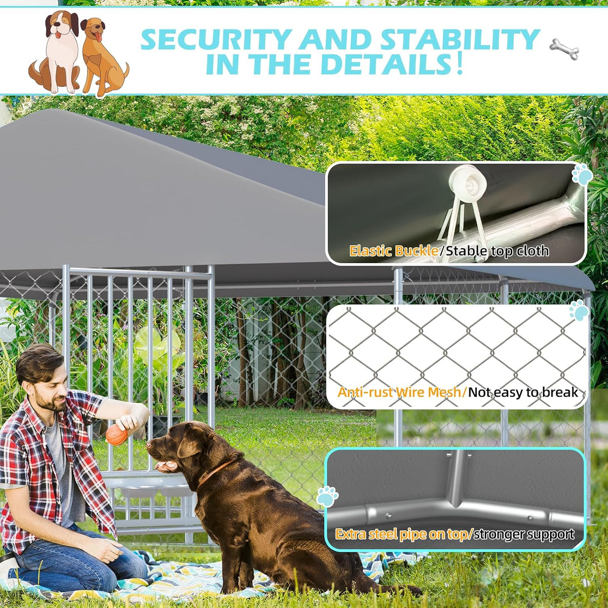 erinnyees 10'x10' outdoor dog kennel with roof, large, close-up detail