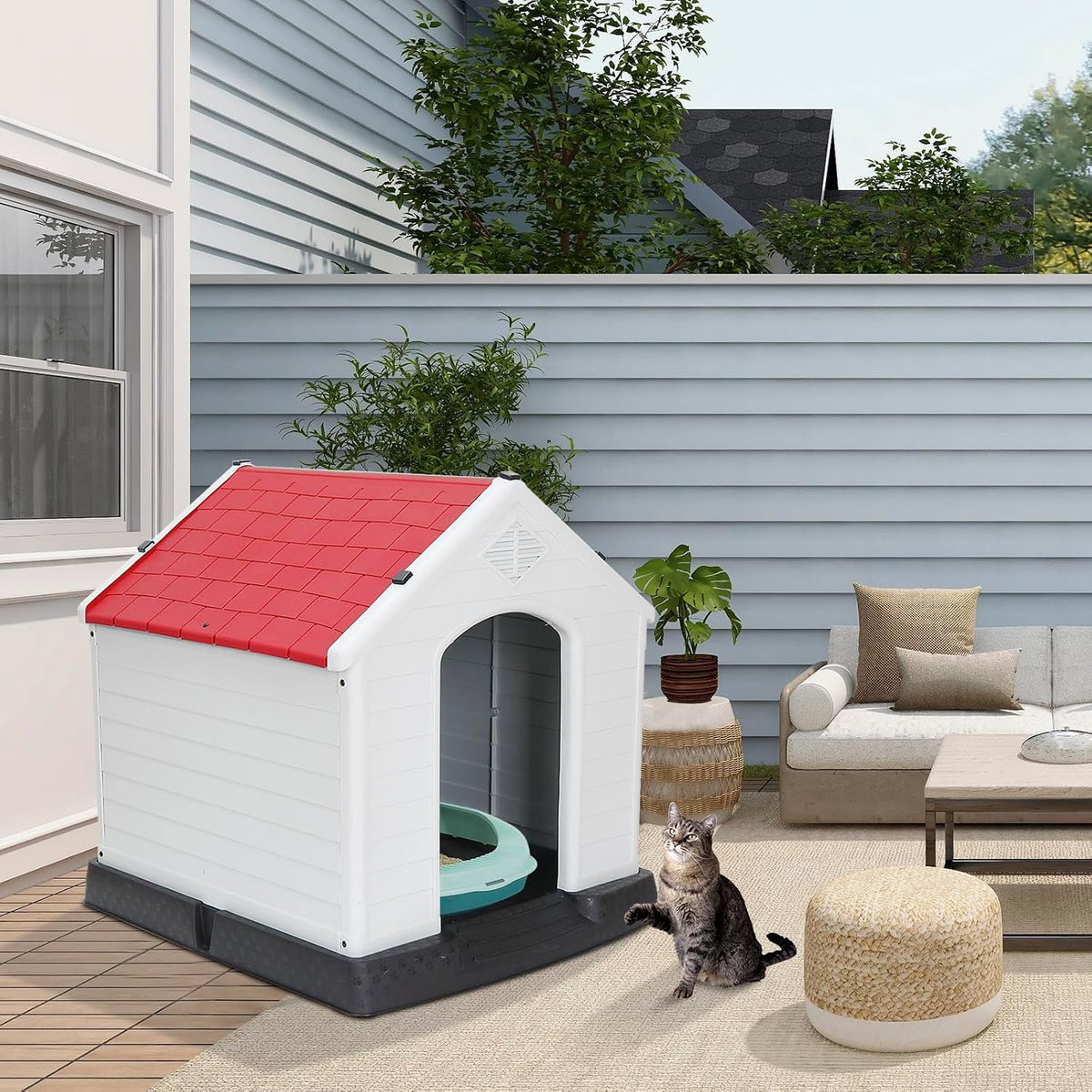 large plastic dog house indoor outdoor doghouse dog, side view