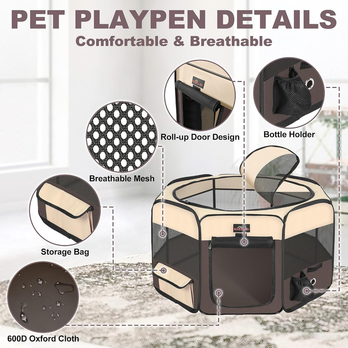 aivituvin dog playpen, foldable pet play pens with, close-up detail