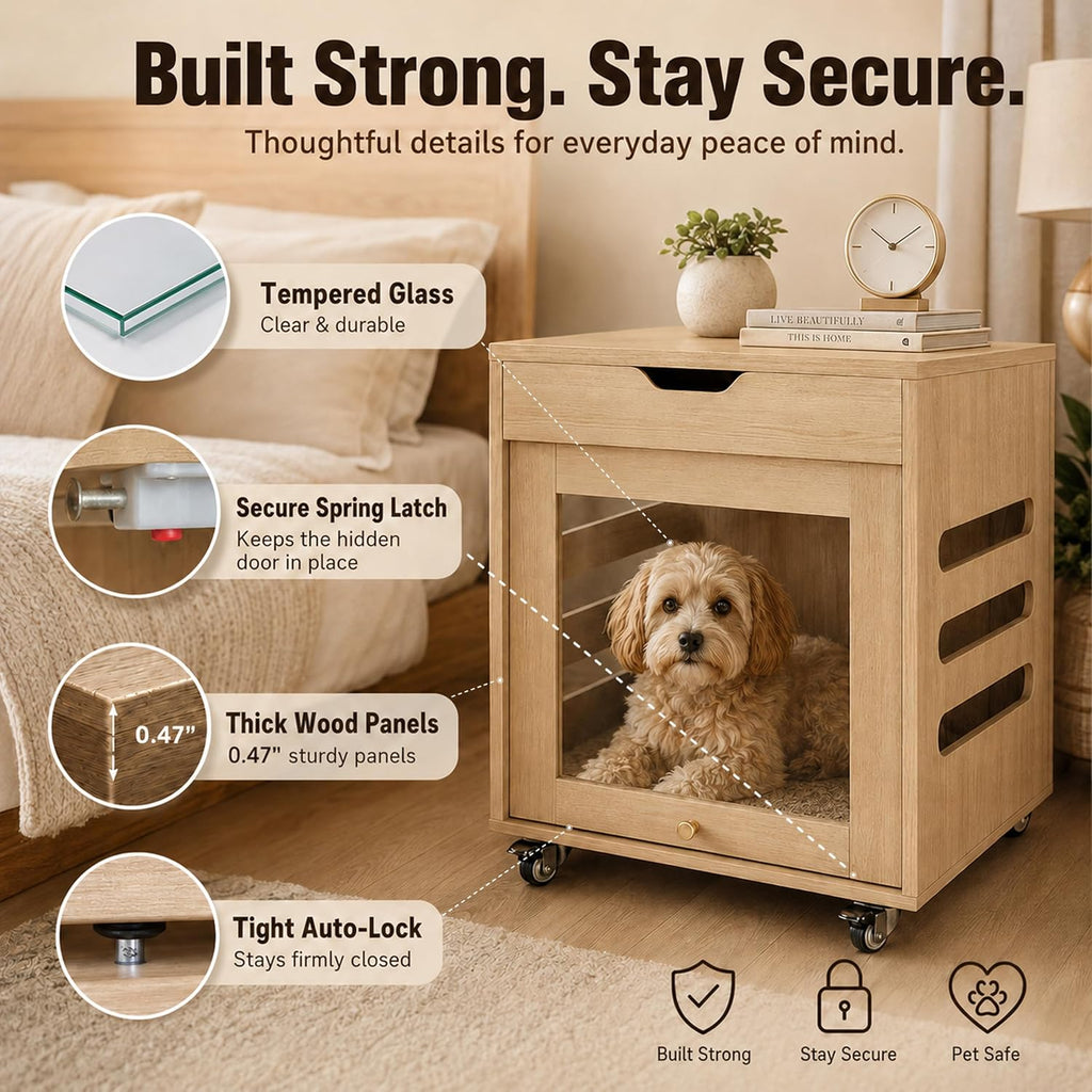 small dog crate furniture with flip-up glass door showing dimensions