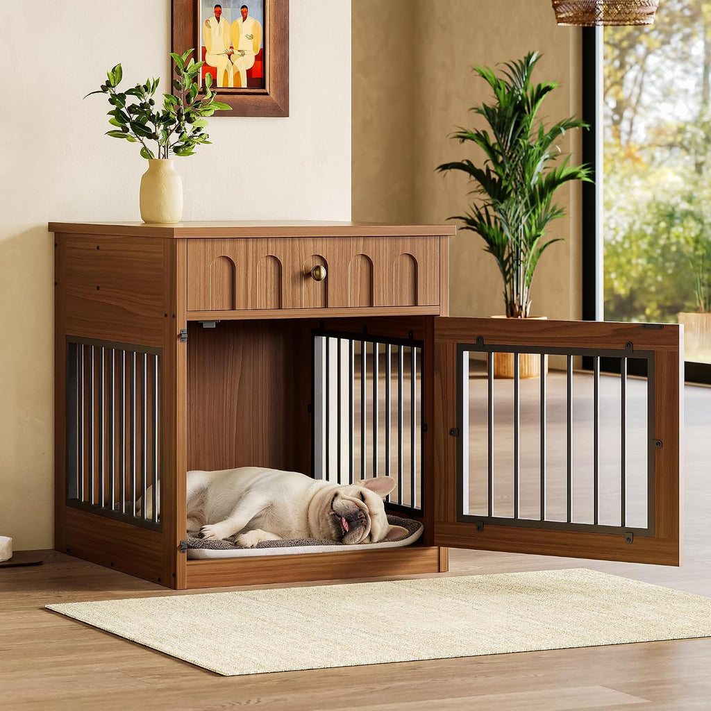 ironck 25.6" small dog crate furniture with drawer, front angle view