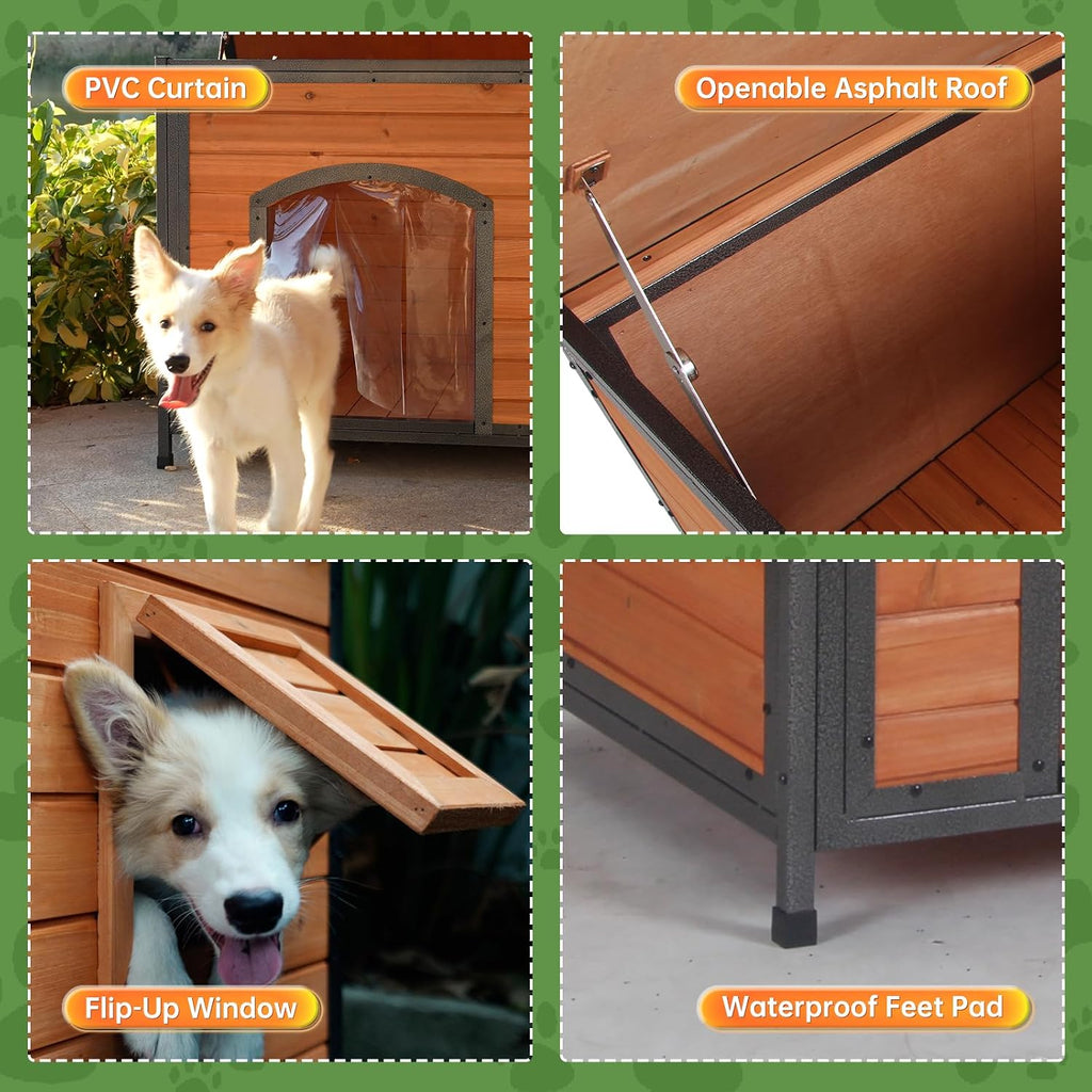 insulated outdoor wooden dog house, weatherproof chew resistant, side view