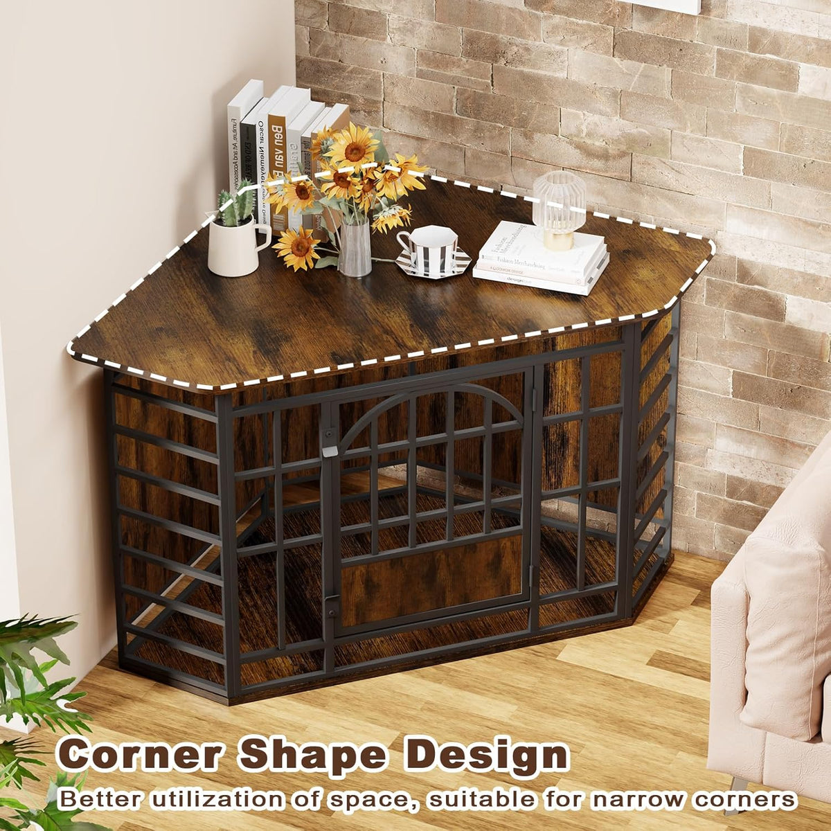 cozpaw 52" corner dog crate furniture, brown showing dimensions