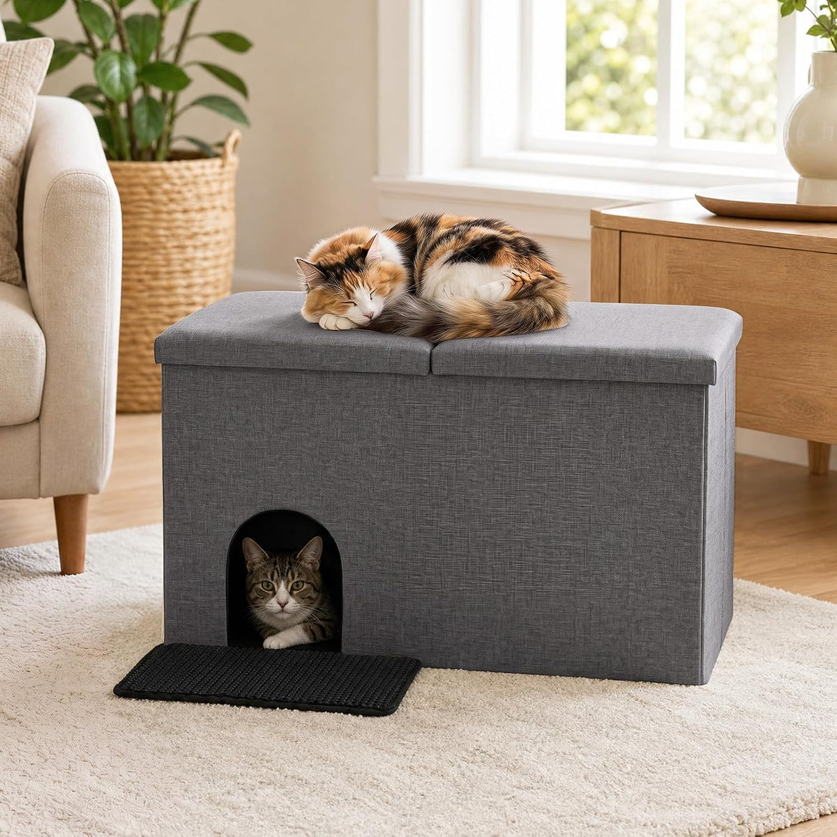 petsite cat hidden litter box enclosure furniture, cat shown in use