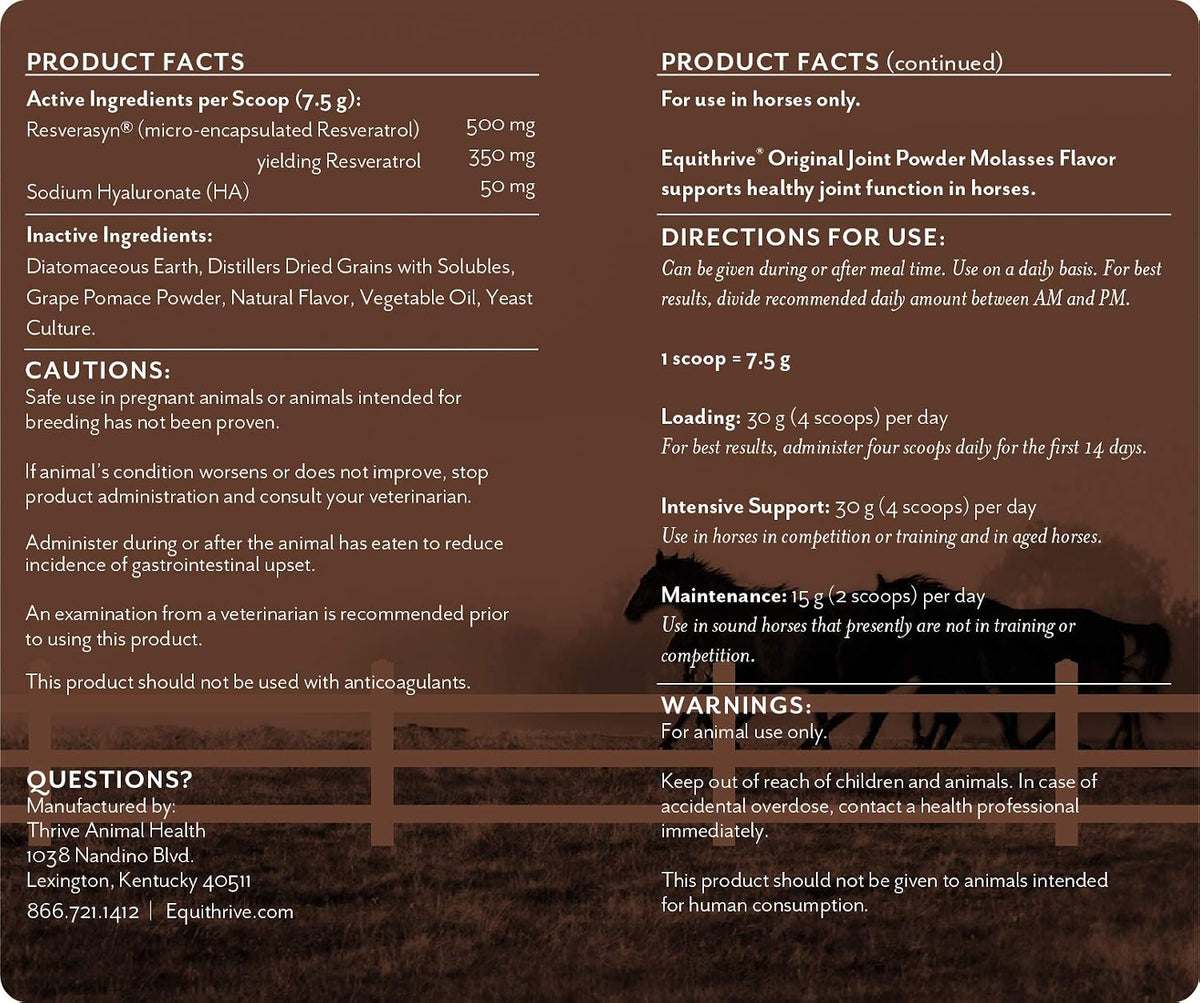 equithrive original joint powder horse supplement, molasses flavor shown in use