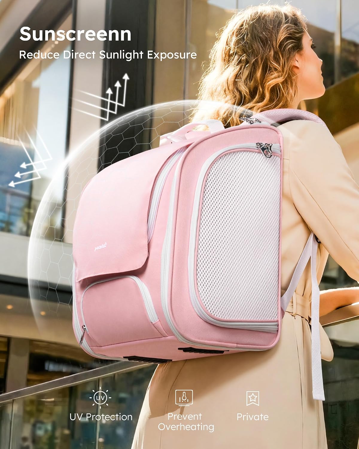 pecute cat backpack carrier,large space cat bubble backpack,ergonomic,pink showing dimensions