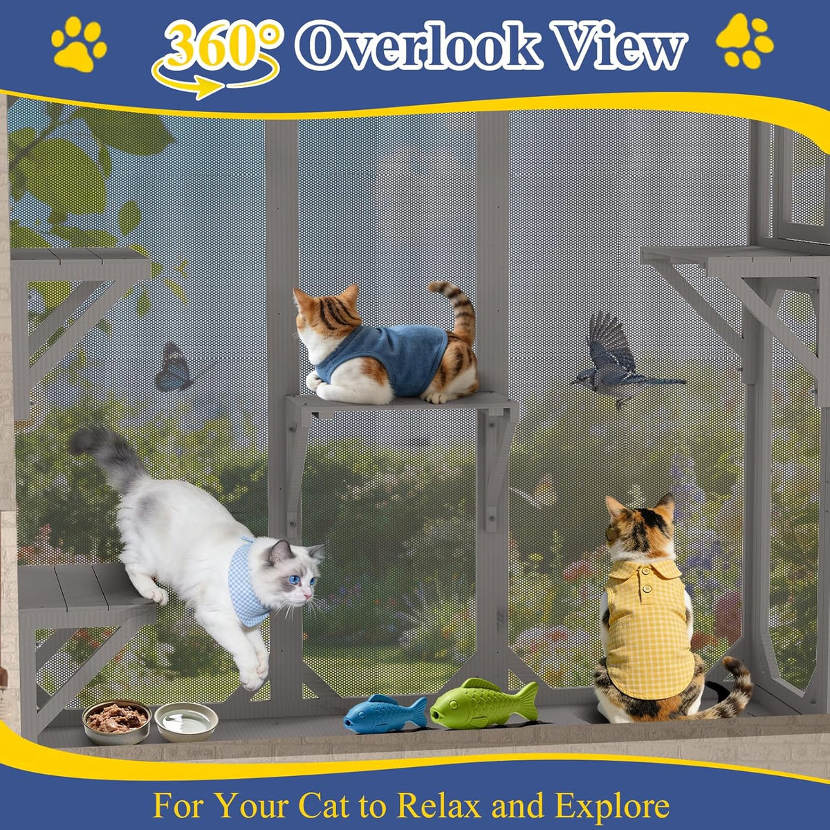 petscosset large window catio for indoor cats, multi-level showing dimensions