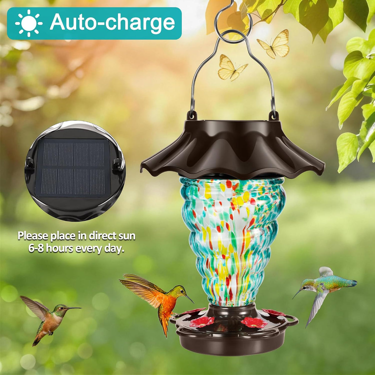 lujii solar hummingbird feeder for outdoor hanging, rgb shown in use