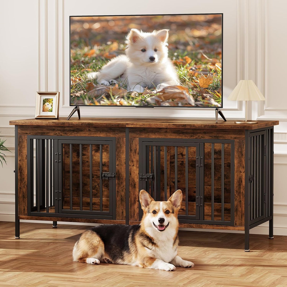 dumos 54" dog crate furniture for 2 dogs, front angle view