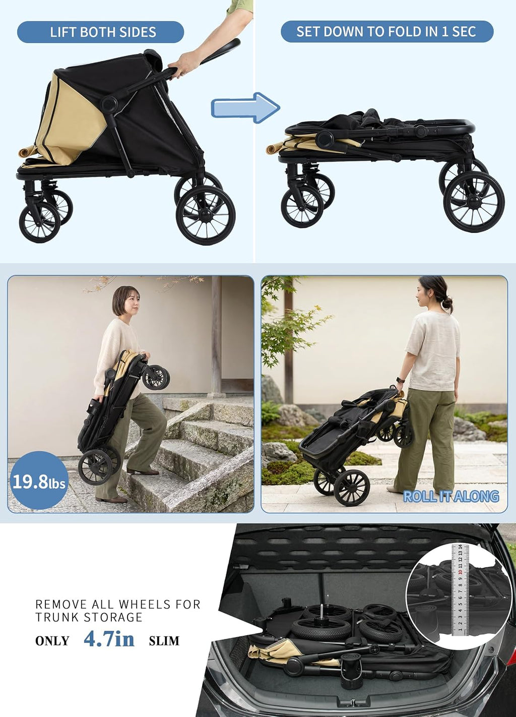 dog stroller for large & 2 dogs, one-click, package contents