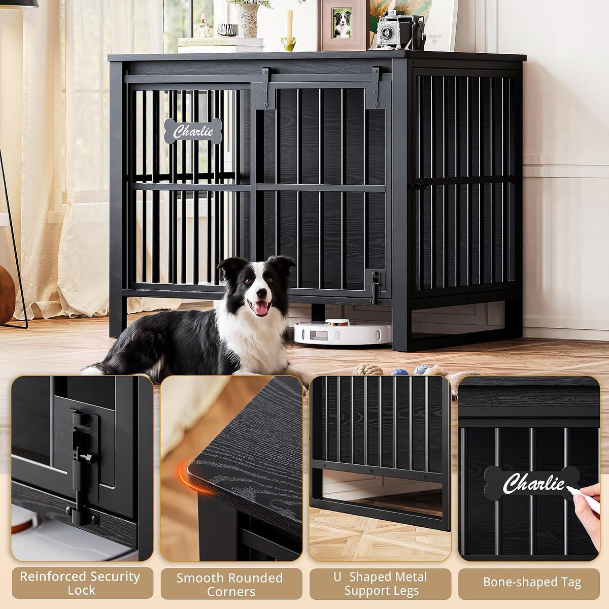 ironck 39.4" l dog crate furniture with sliding, front angle view