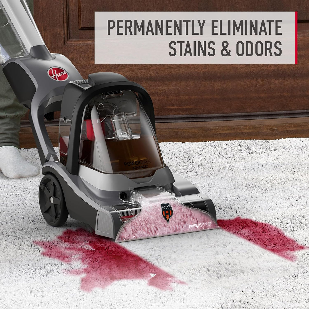 hoover powerscrub elite pet upright carpet cleaner machine shown in use