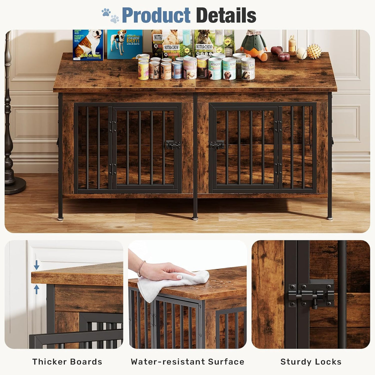 dumos 54" dog crate furniture for 2 dogs, close-up detail