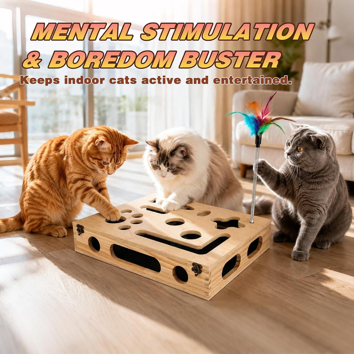 cat scratch puzzle enrichment box, interactive cat toy, side view
