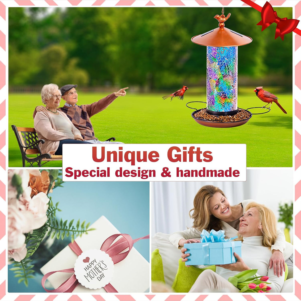 xdw-gifts mosaic solar bird feeder, waterproof lantern shape shown in use