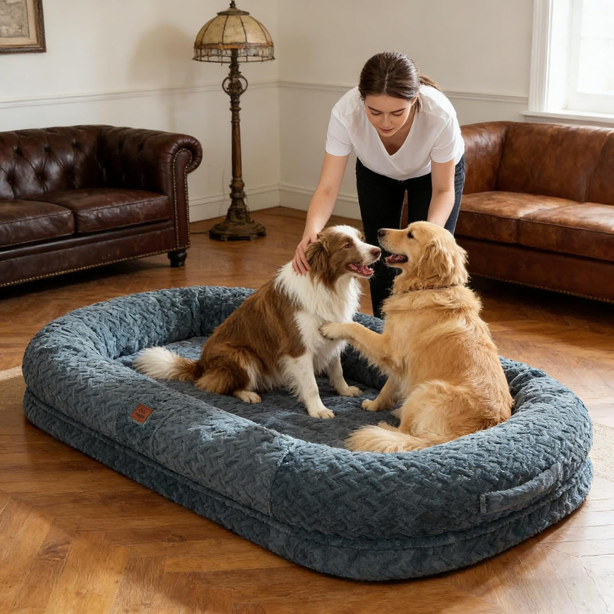 chixnuggle orthopedic human dog bed,with faux fur washable shown in use