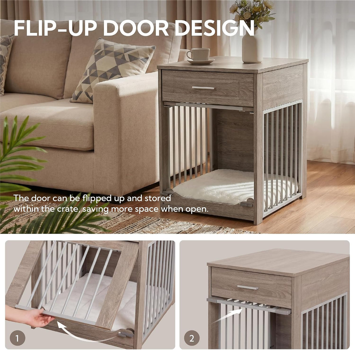 dog crate furniture end table with flip-up door, close-up detail