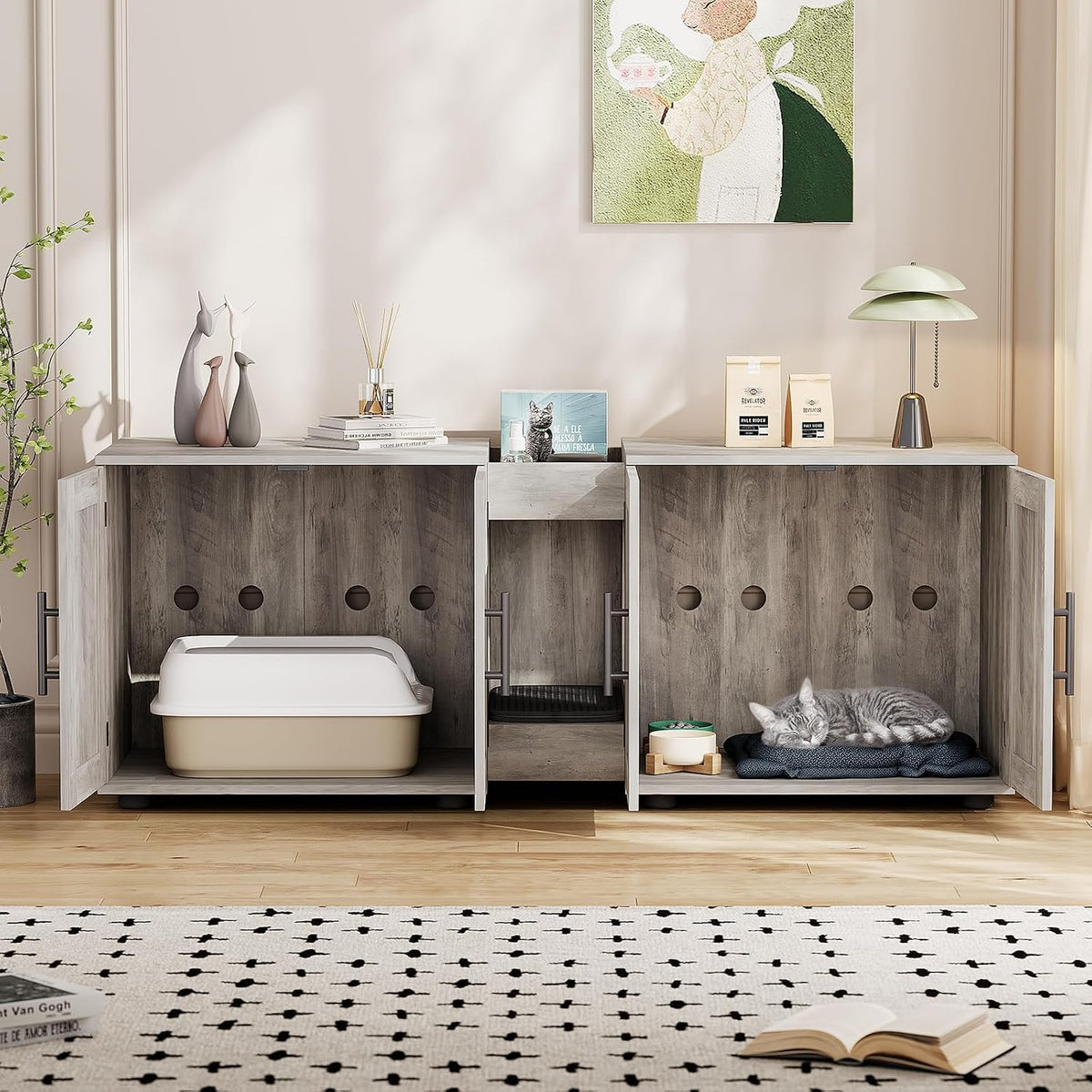 gaomon litter box enclosure with double cage, grey shown in use