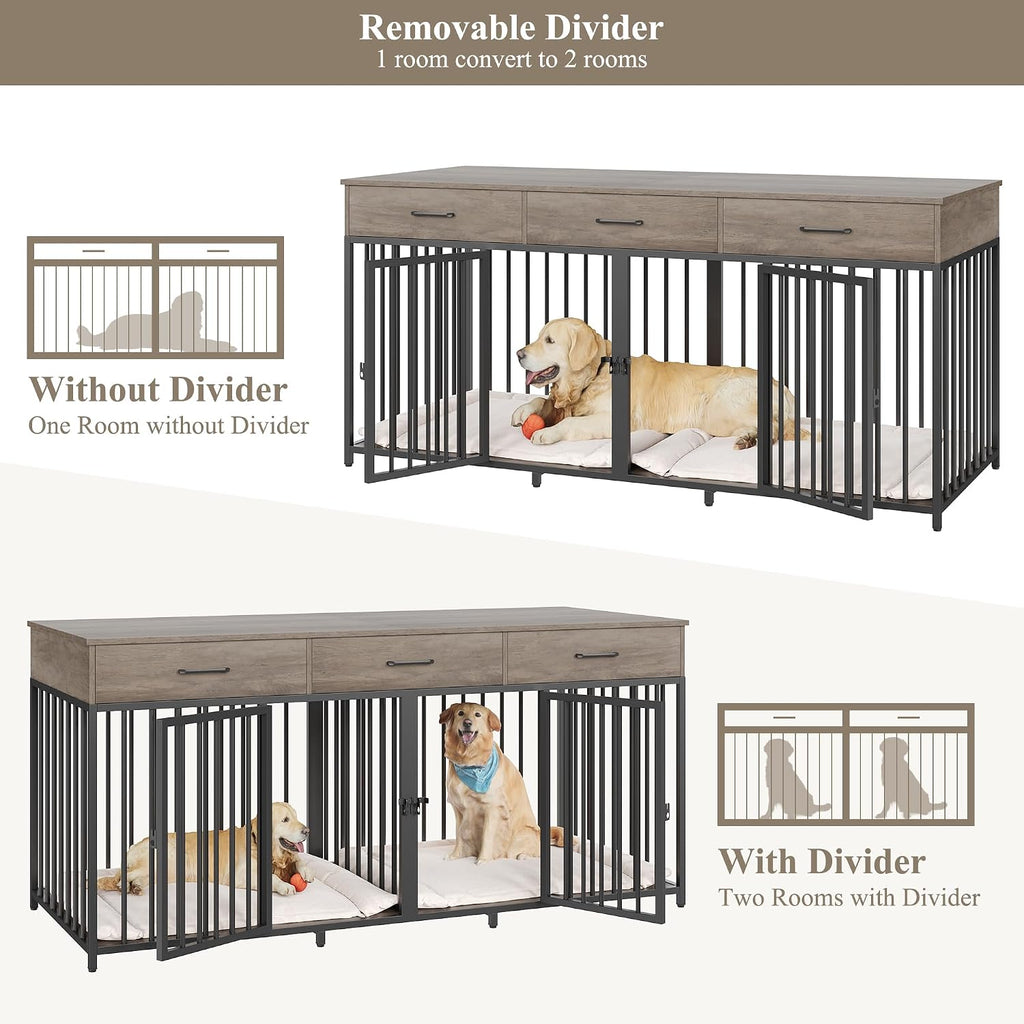 hostack double dog crate, 71" w indoor dog showing dimensions