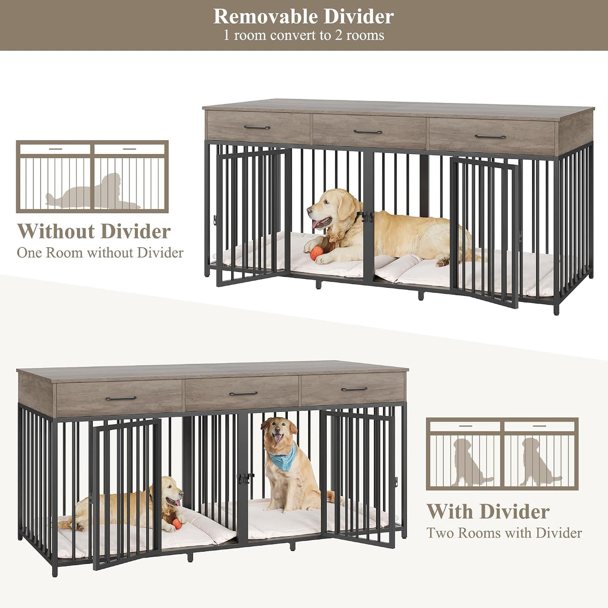 hostack double dog crate, 71" w indoor dog showing dimensions