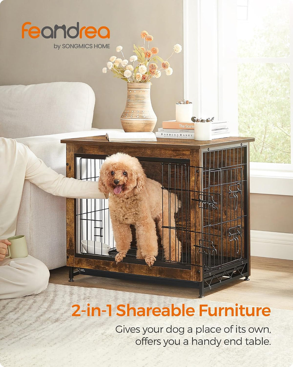feandrea 27.2" dog crate furniture, indoor dog kennel shown in use