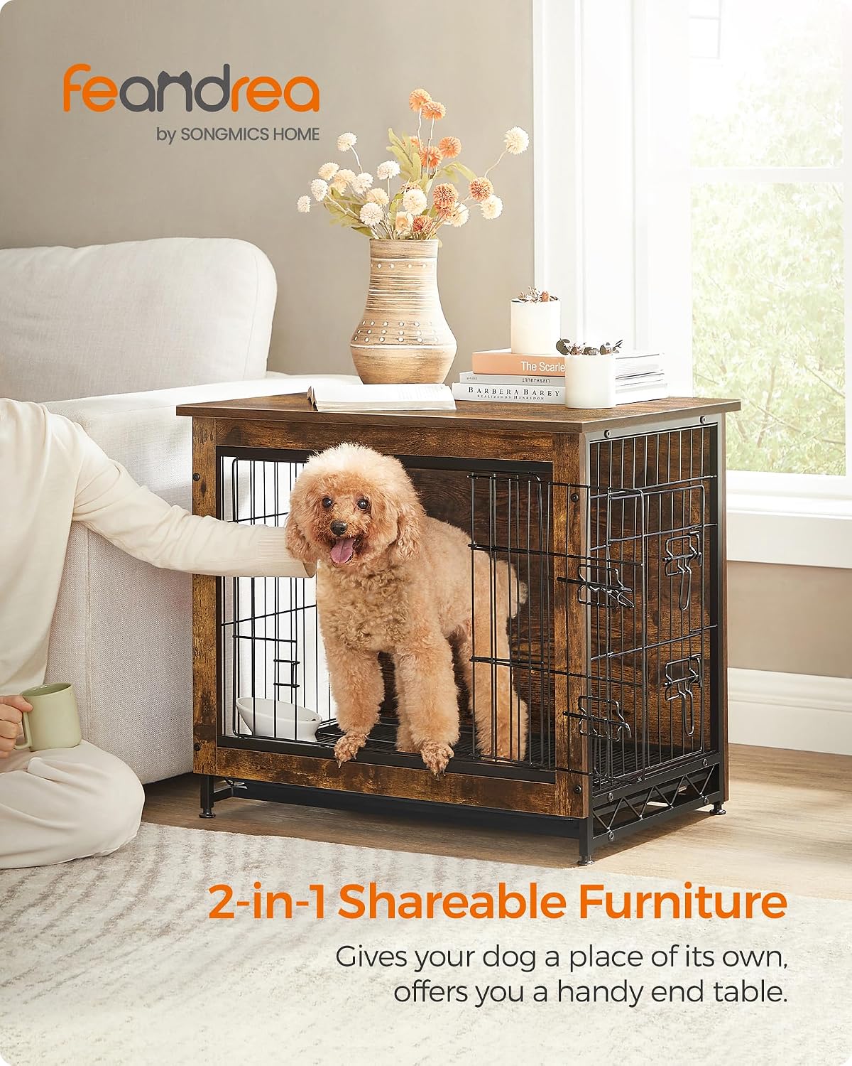 feandrea 27.2" dog crate furniture, indoor dog kennel shown in use