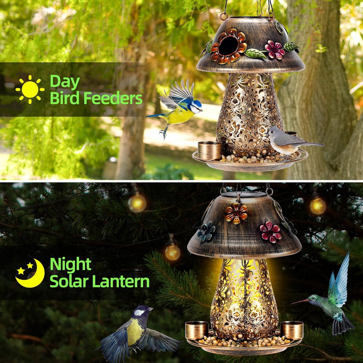 mushroom solar bird feeders for outdoors hanging metal, side view