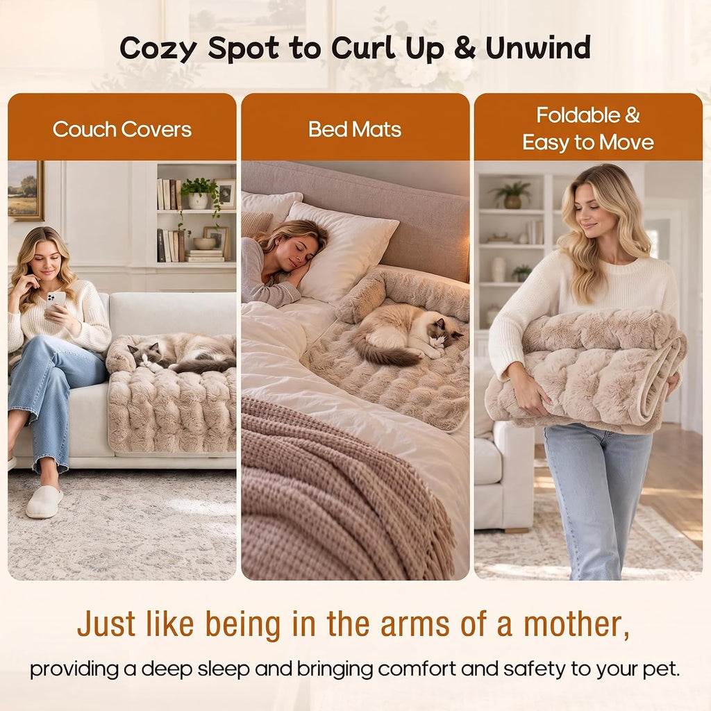 calming dog bed mat, fluffy plush couch cover, side view