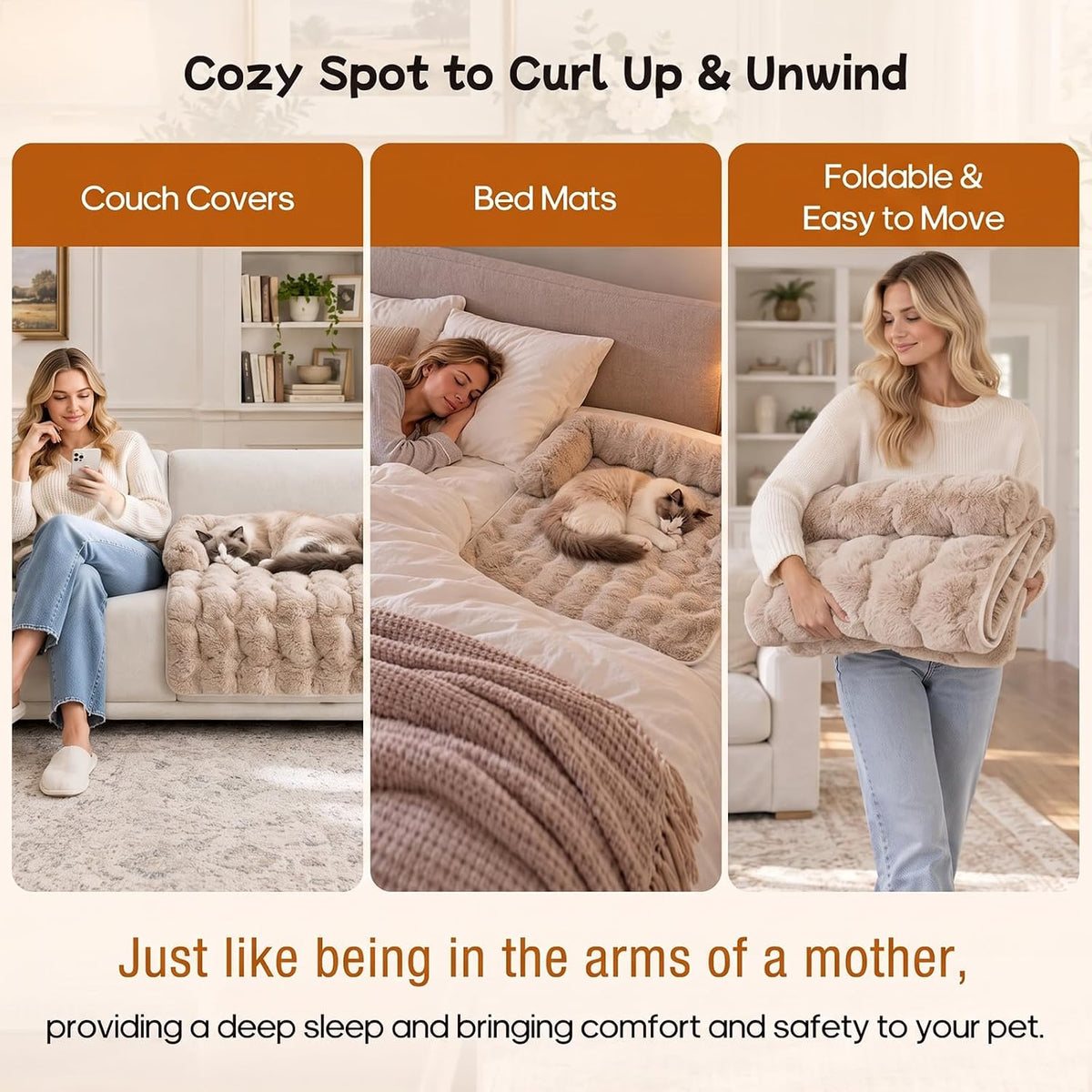 calming dog bed mat, fluffy plush couch cover, side view