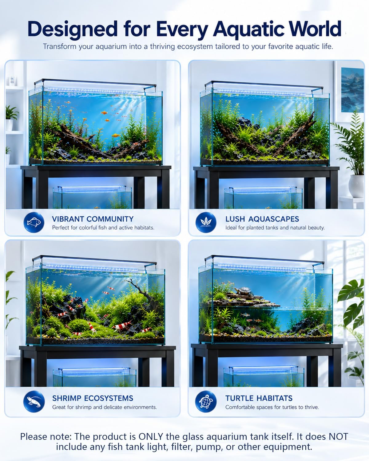 10 gallon glass fish tank open-back lid, aquarium showing dimensions
