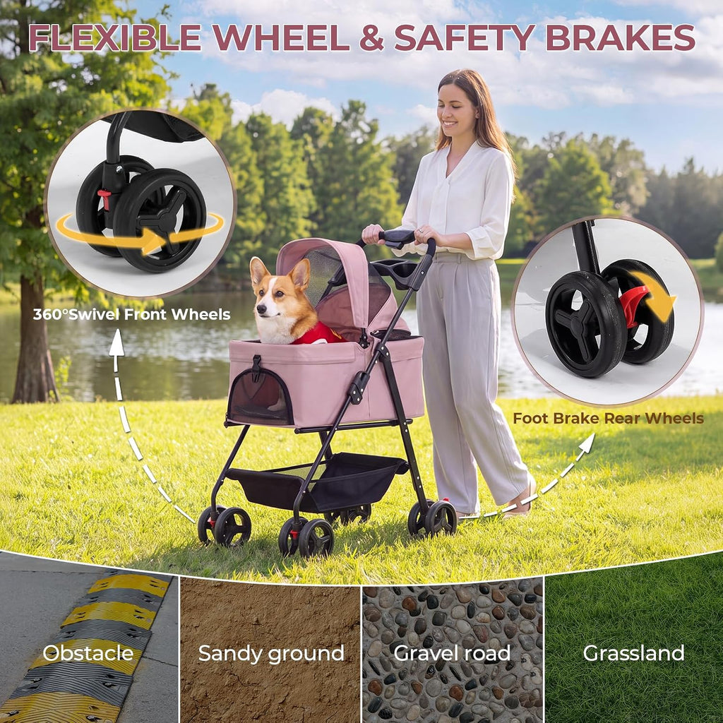 4-wheel pet stroller for small medium dogs cats, side view