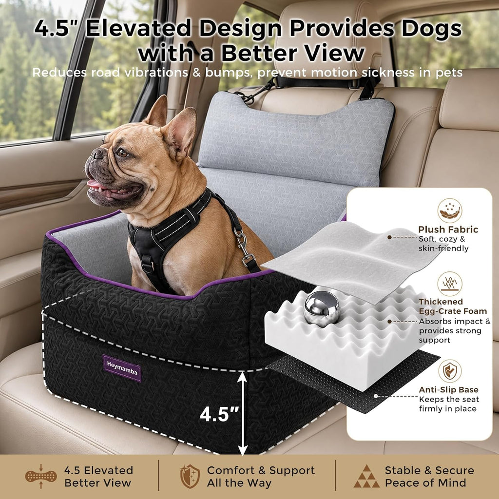 elevated dog car seat, dog booster car seat shown in use