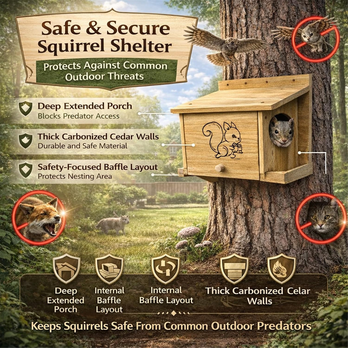 wooden squirrel house feeder with engraved design, outdoor, close-up detail