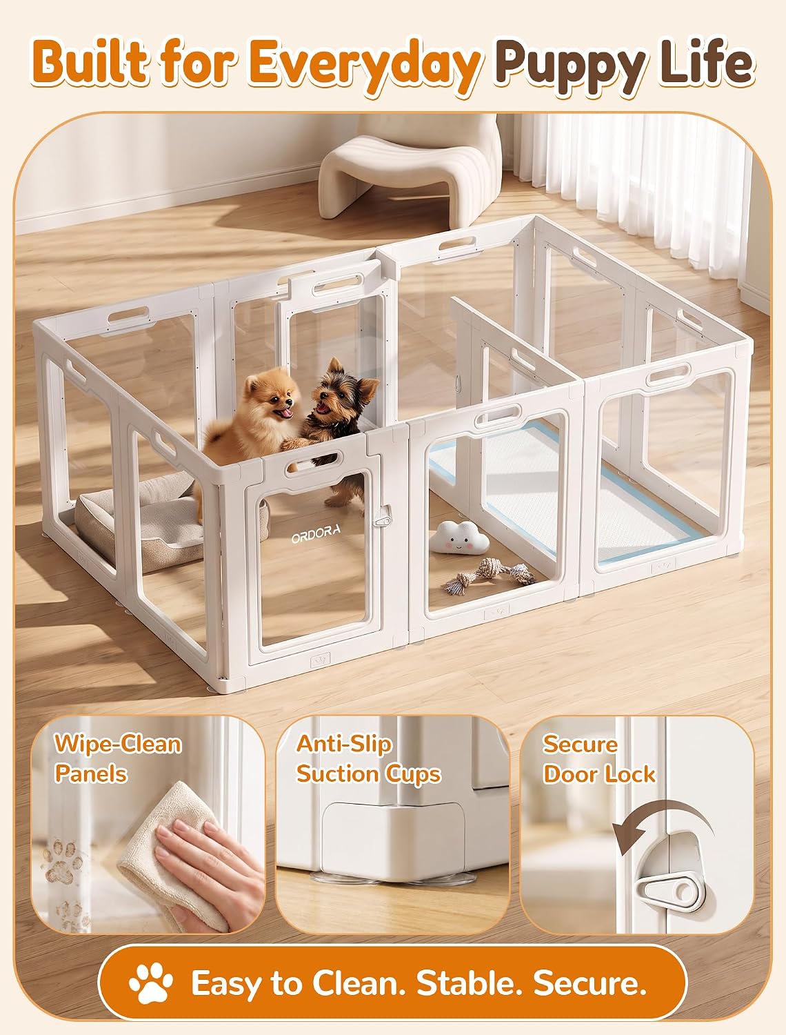 ordora clear acrylic dog playpen indoor, 24" h showing dimensions