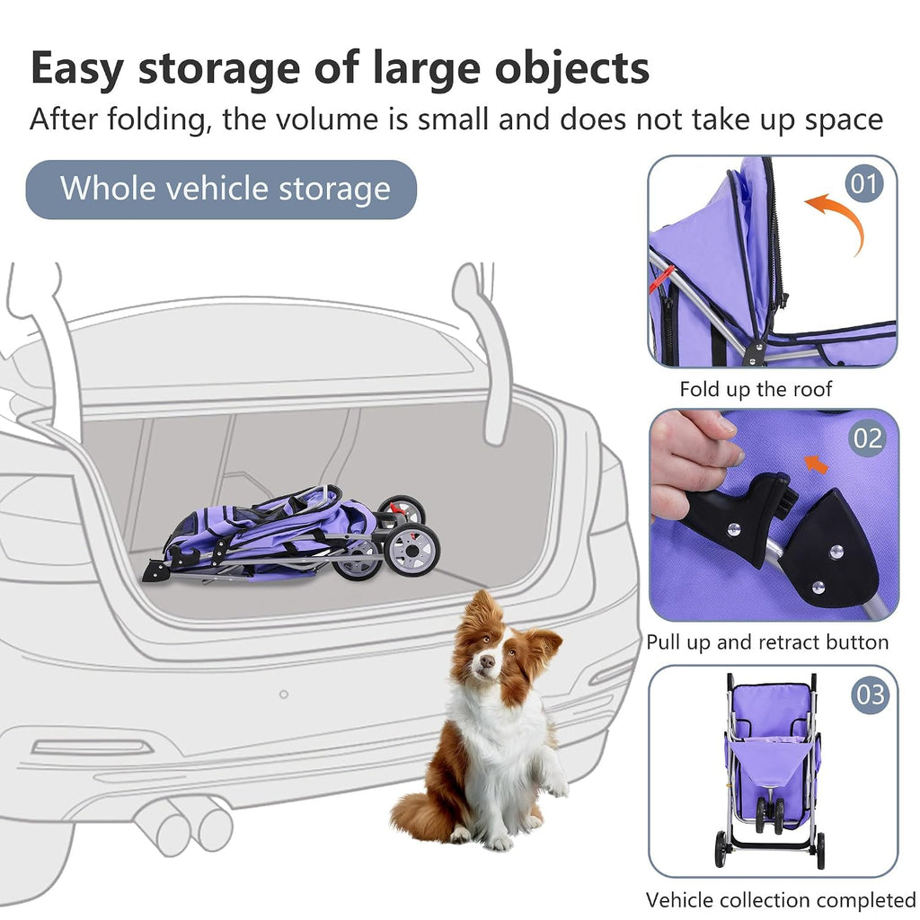 fdw | 3-wheel foldable pet stroller | purple, side view