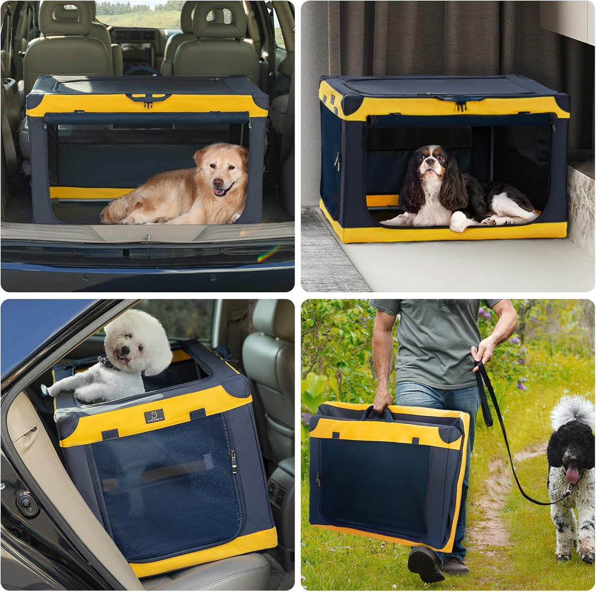 a 4 pet 36-in foldable soft-sided dog crate on a desk or shelf