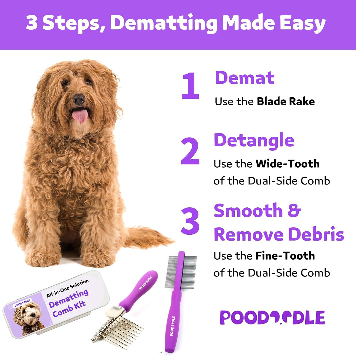 pain-free dematting comb kit for dogs & cats showing dimensions
