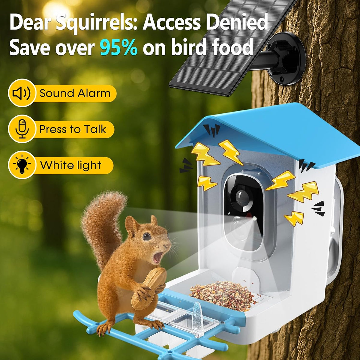 2k solar powered bird feeder with camera: ai showing dimensions