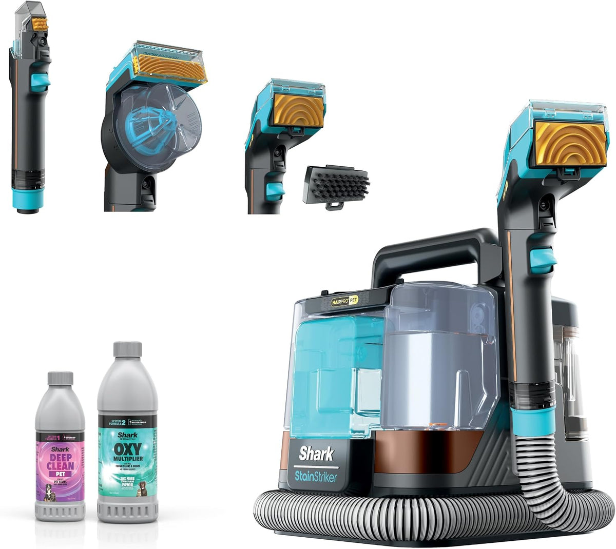 shark stainstriker hairpro portable stain cleaner,3 tools, self-clean, main product view