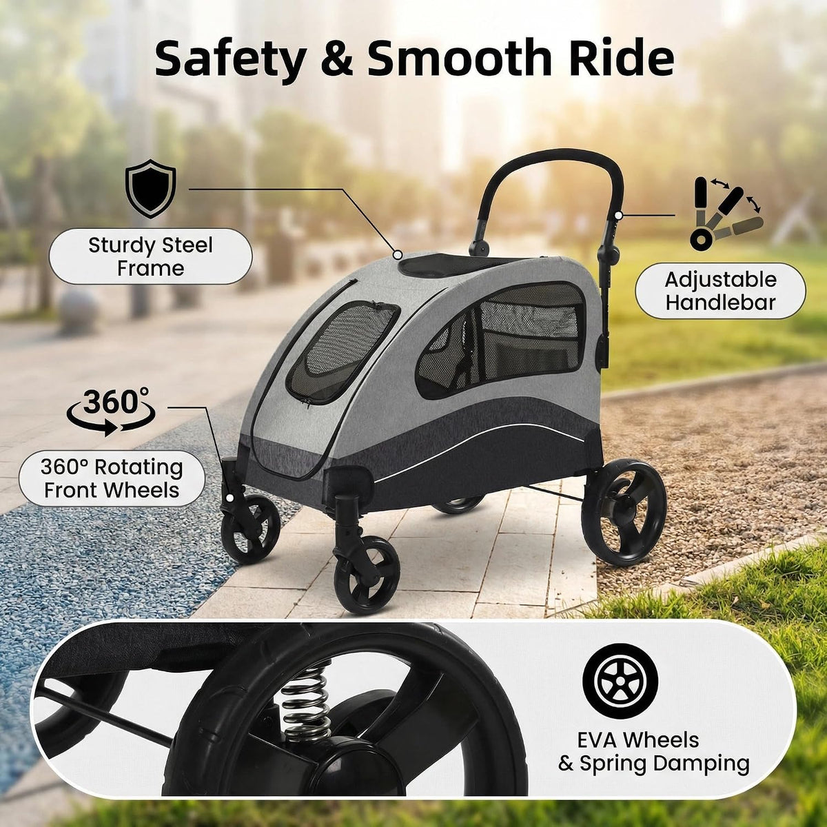 garvee extra large dog stroller with steel pipe shown in use