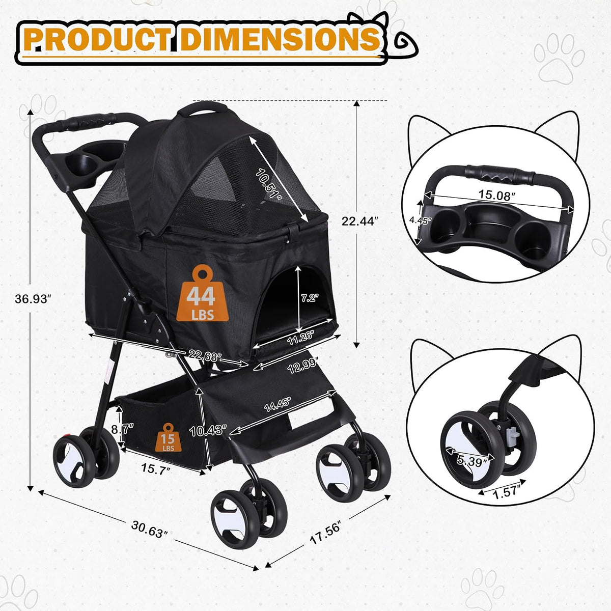 zeny pet stroller, 3 in1 foldable dog cat, front angle view