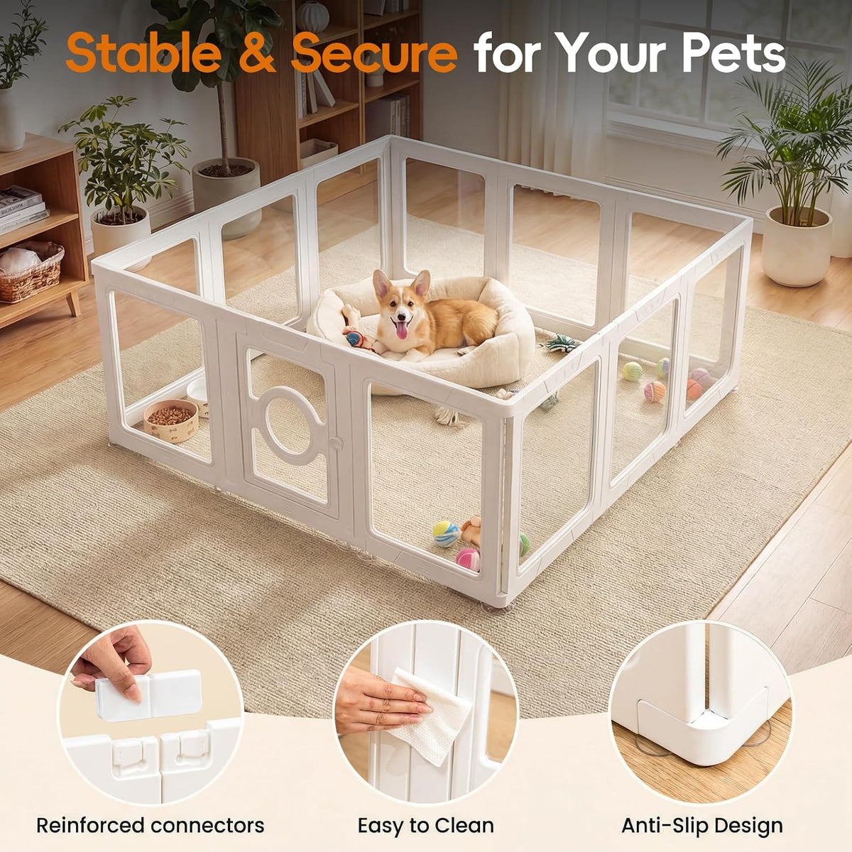 jeko&jeko clear acrylic dog playpen indoor, transparent pet, side view
