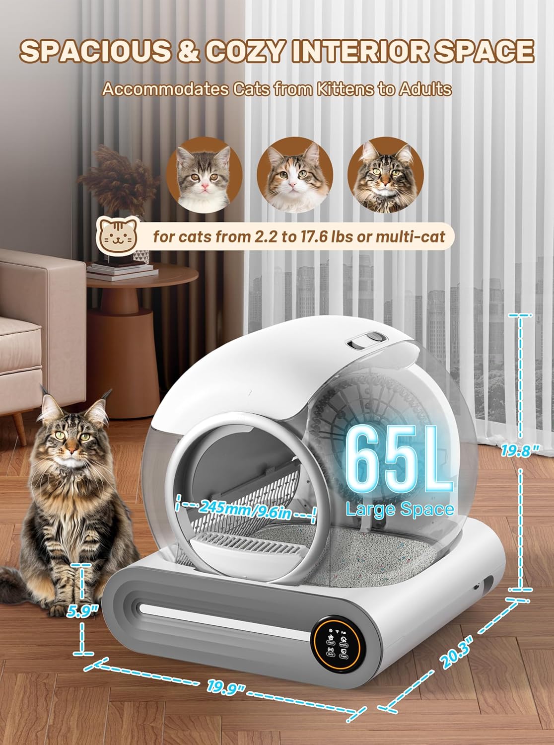 automatic litter box, app control, 65l+9l large capacity,3 shown in use